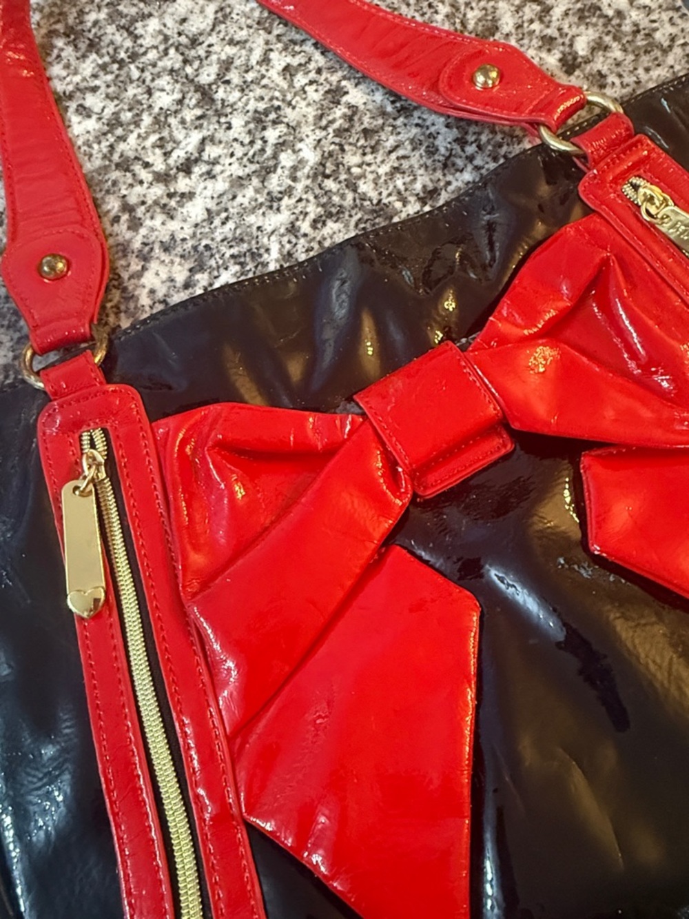 Y2K Betsey Johnson Black Patent Shoulder Hobo Bag with Red Bow